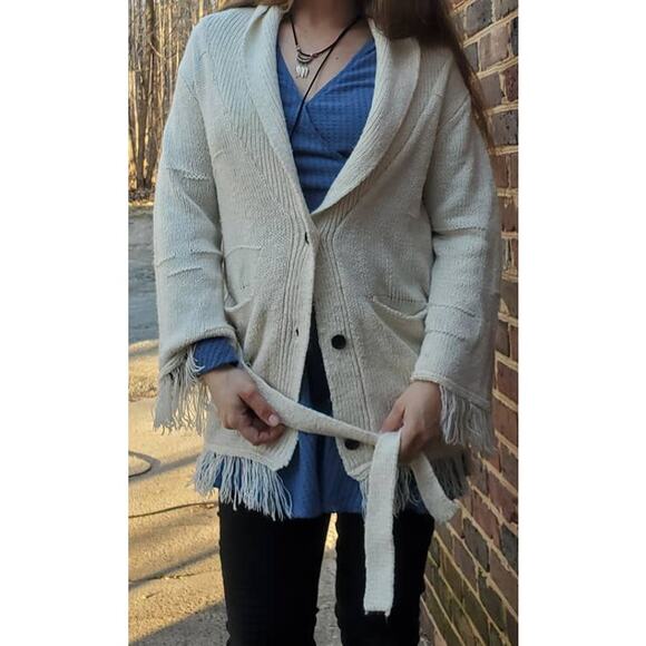 Uniq belted fringed cardigan cream medium large - Picture 4 of 9